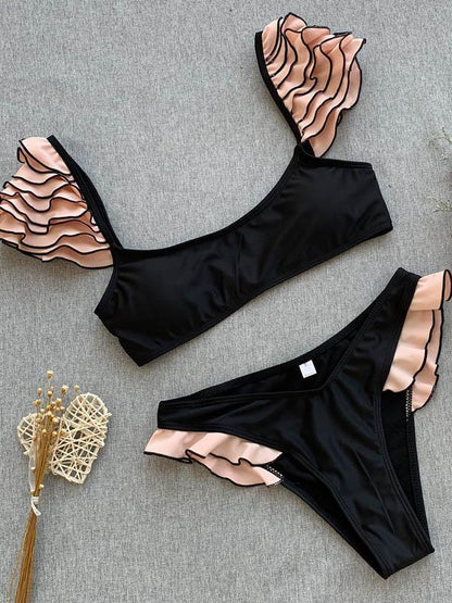 Bandeau Falbala Plain Bikinis Swimwear