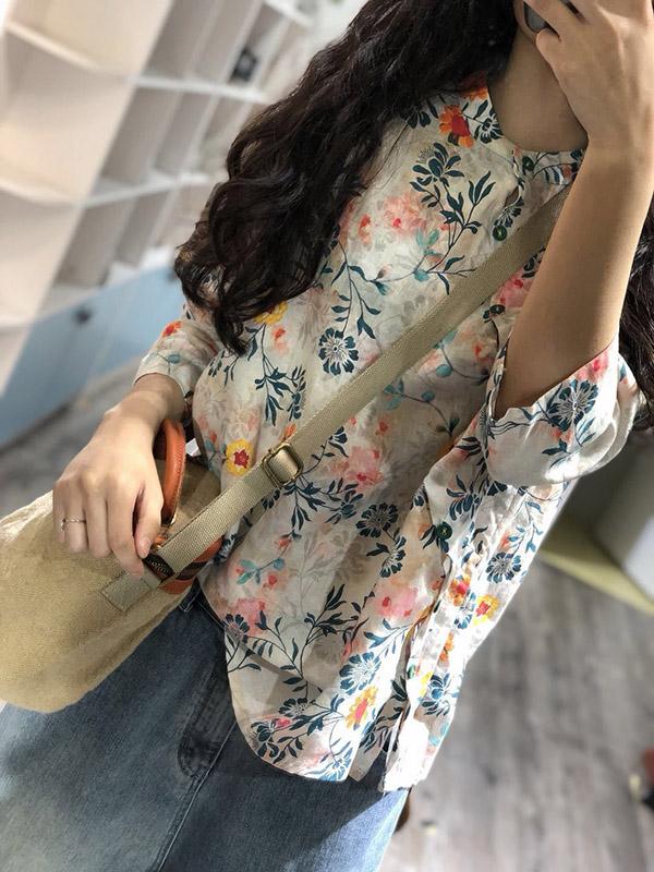 Fresh Oblique Printed Linen Blouses