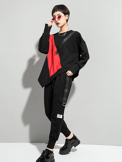 Stylish Black&Red Asymmetric Contrast Color Round-Neck Long Sleeves T-Shirt