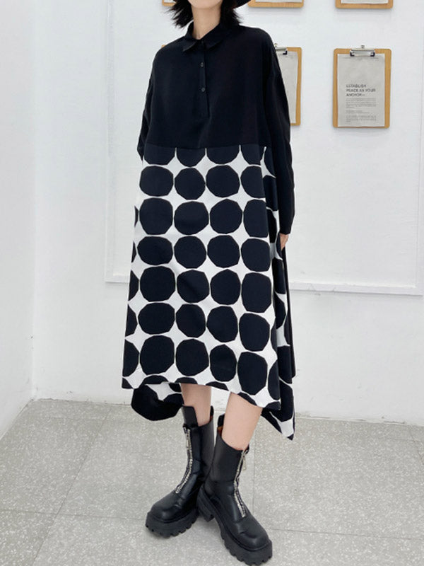 Stylish Irregular Polka-Dot Spit-Joint Buttoned Lapel Collar Long Sleeves A-Line Midi Shirt Dress