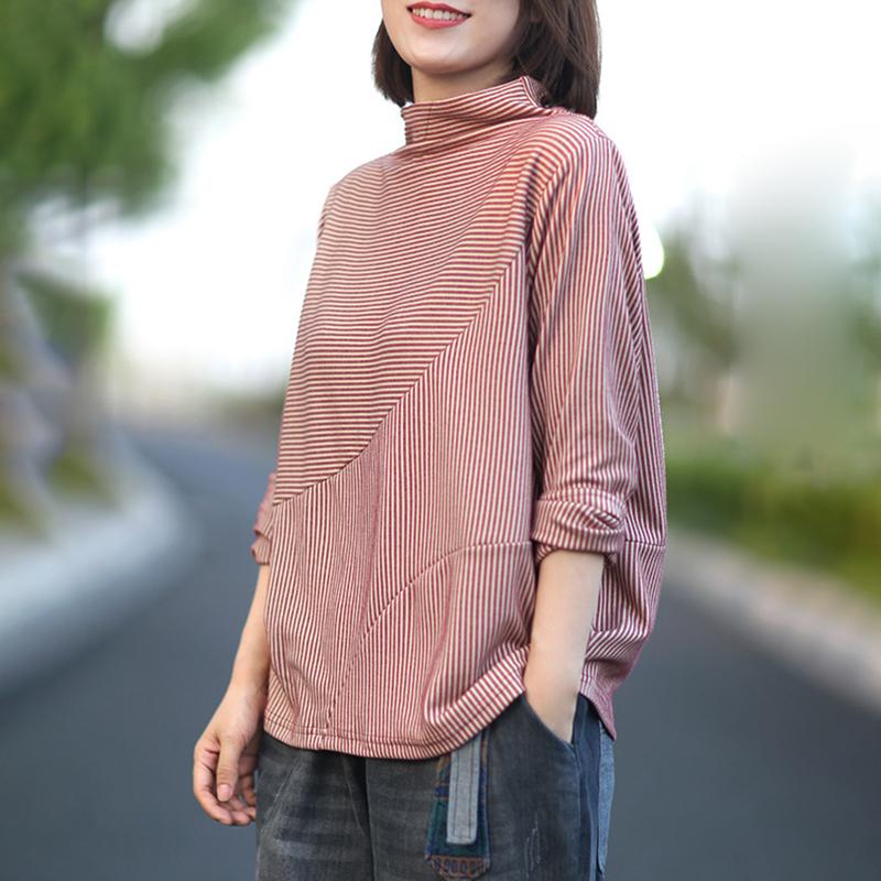 Buykud Long Sleeve Half Turtleneck Striped Blouse