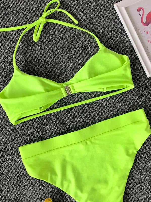 Solid Color Simple Bandage Split Bikini Swimsuit