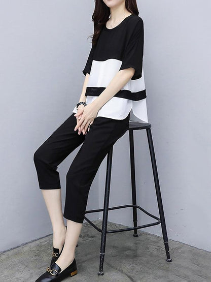 Chiffon Office Loose Elastic Waist White Black Suit