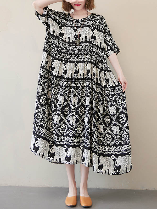 National Floral Ethnic Printed Pleated Round-Neck Half Sleeves Midi Dress