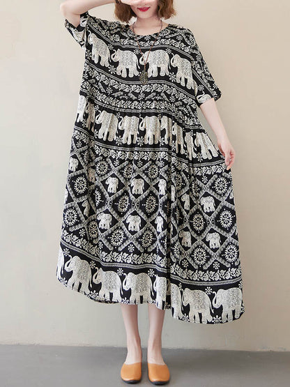 National Floral Ethnic Printed Pleated Round-Neck Half Sleeves Midi Dress