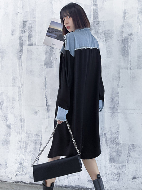 Original Stylish Loose Denim Split-Joint With Pocket Buttoned Lapel Collar Long Sleeves Midi Shirt Dress