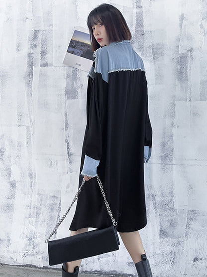 Original Stylish Loose Denim Split-Joint With Pocket Buttoned Lapel Collar Long Sleeves Midi Shirt Dress