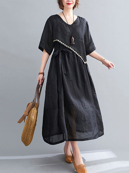 Artistic Retro Solid Color Split-Joint Pleated Tied Embroidered Half Sleeves V-Neck Midi Dress