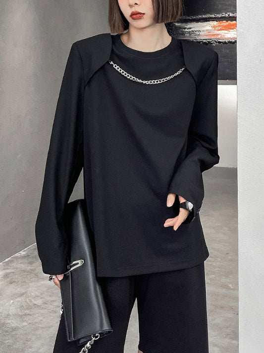 Cool Solid Color Split-Joint With Chain Round-Neck Long Sleeves T-Shirt