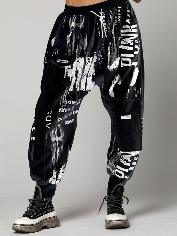 Urban Drawstring High-Waisted Black White Casual Harem Pants Bottom