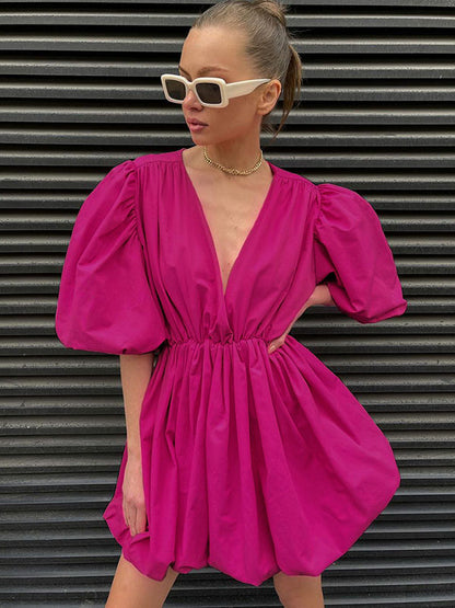 Simple Solid Color Pleated V-Neck Bishop Sleeves  Mini Dress