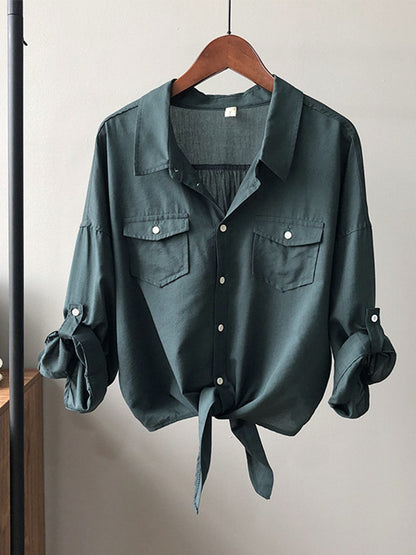 Urban Simple Solid Color Buttoned Split-Joint With Pocket Lapel Collar Long Sleeves Blouse