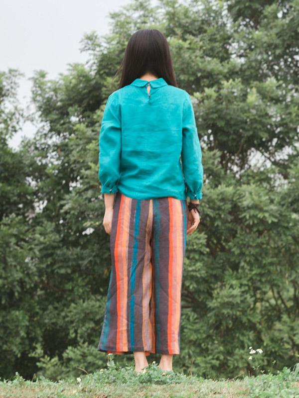 Loose Stripe Ramie Cotton Pants