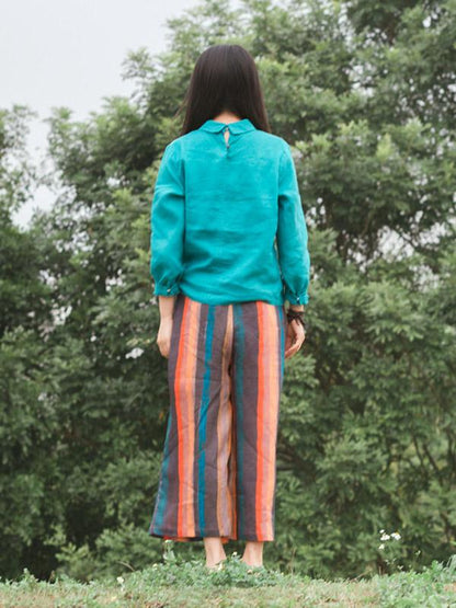 Loose Stripe Ramie Cotton Pants