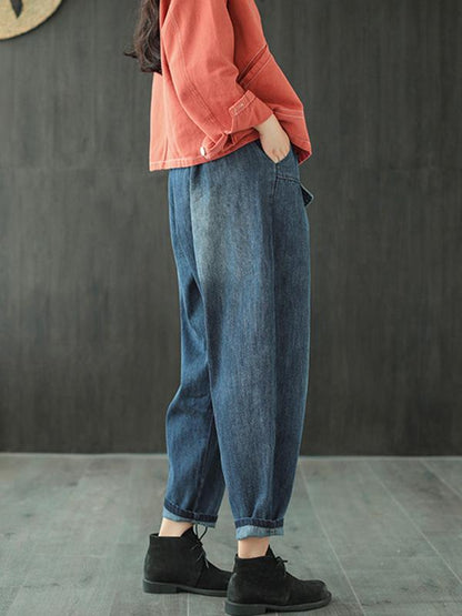 Leisure Solid Denim Puff Pants Bottoms