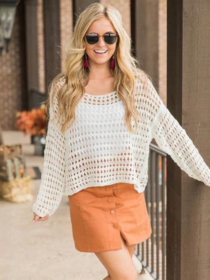 White Long Sleeve Hollow Blouses&Shirts Tops