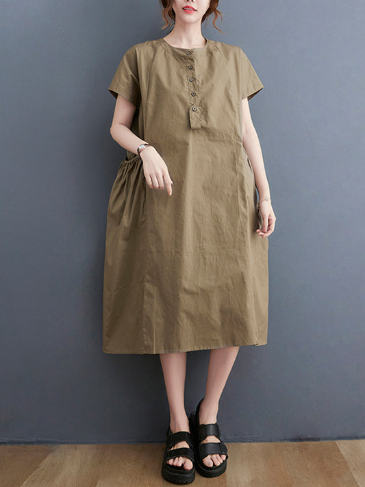 Casual Solid Color Round-Neck With Pocket Midi Dress