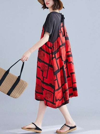 Cotton Linen Printed  V-neck Dress