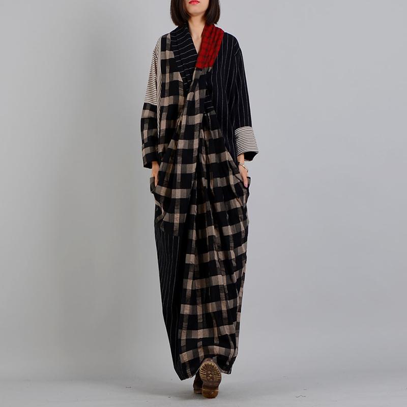 Buykud Stripe And Plaid Irregular Spliced Retro Loose Dress