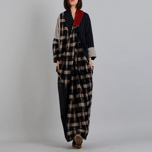 Buykud Stripe And Plaid Irregular Spliced Retro Loose Dress