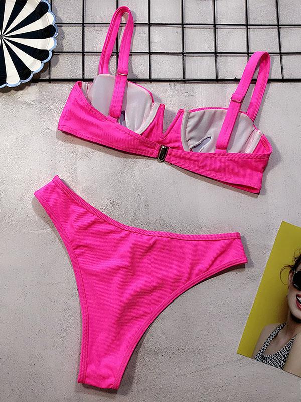 Ribbed V-Wired Plain Bikini Swimsuit