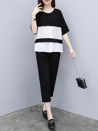 Chiffon Office Loose Elastic Waist White Black Suit