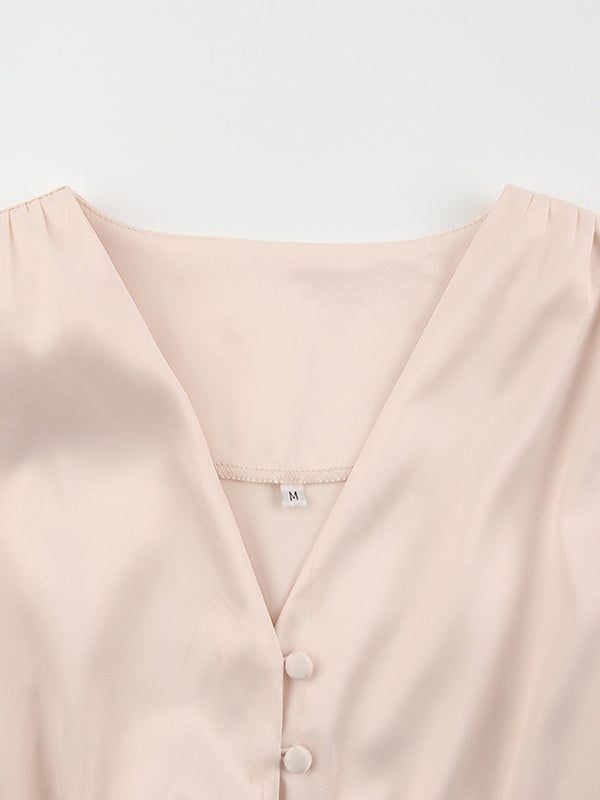 Urban Buttoned Split-Front High Waisted Puff Sleeve A-Line Midi Dress