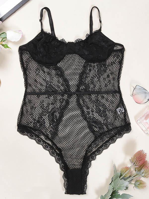 See-Through Lace Split-Joint Bodysuit Lingerie