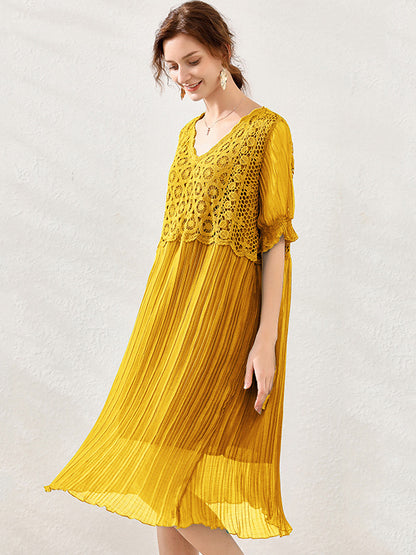 Original Loose Hollow Split-Joint Pleated Falbala Midi Dress