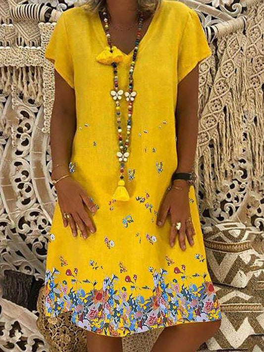 Printed V-neck Short Sleeve Midi Dress