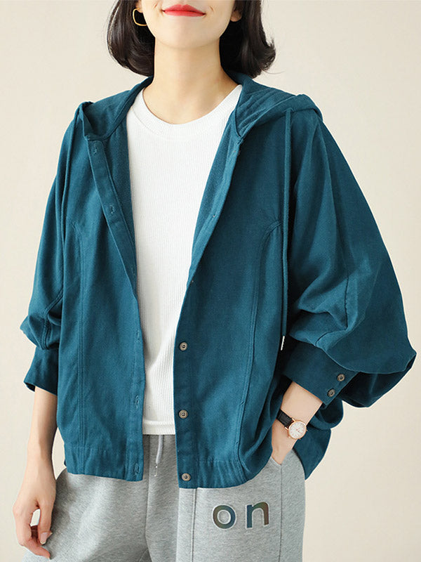 Casual Buttoned Drawstring Solid Color Batwing Sleeve Outerwear