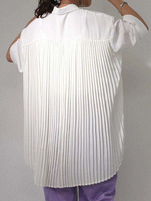 Stylish Solid Color High-Low Pleated Split-Joint Half Sleeves Blouse