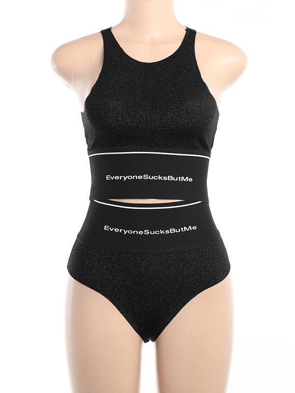 Casual Contrast Color Letter Print Sports Bra&Shorts Suits