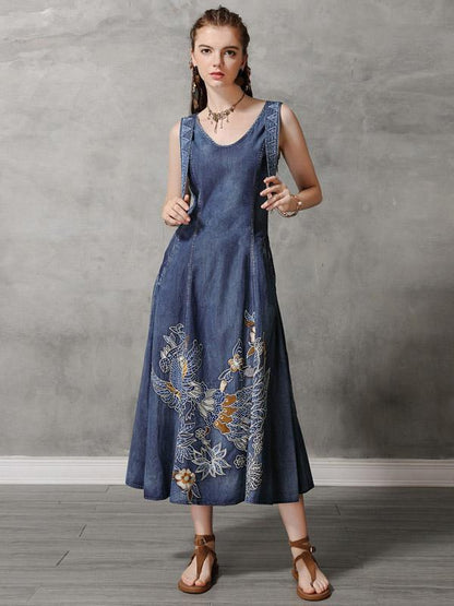 Original Retro Embroidered Hemline Denim Long Dress