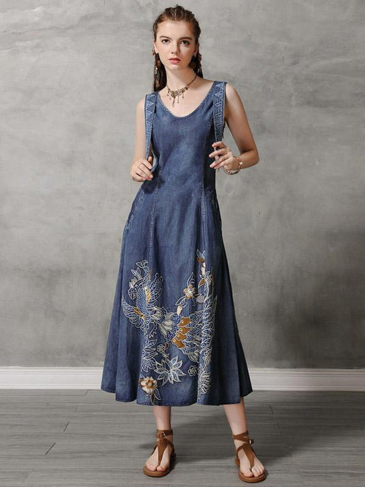 Original Retro Embroidered Hemline Denim Long Dress