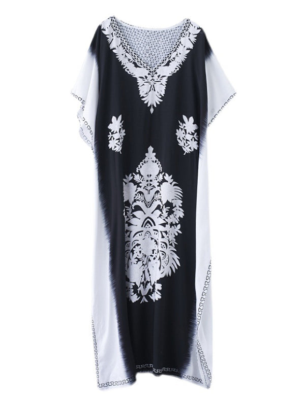 Bohemia Printed V-Neck Batwing Sleeves Contrast Color Maxi Dress