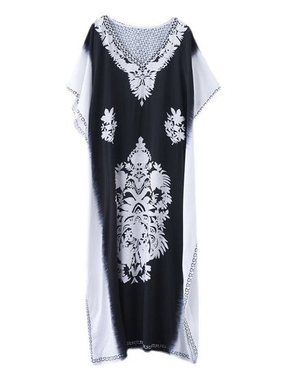 Bohemia Printed V-Neck Batwing Sleeves Contrast Color Maxi Dress