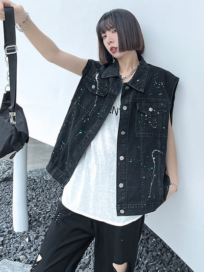 Original Denim Split-Joint With Pocket Splash Ink Buttoned Lapel Collar Sleeveless Vest Outwear