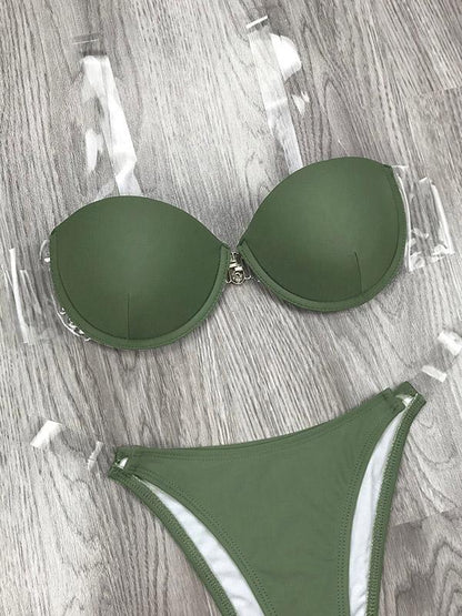 Solid Color See-Through Bandage Split Bikini Swimsuit