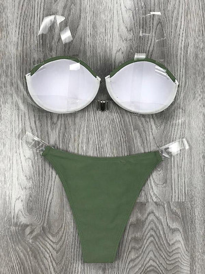 Solid Color See-Through Bandage Split Bikini Swimsuit