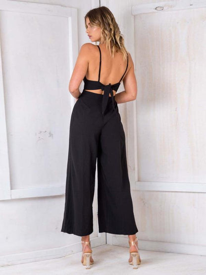 V-neck Wide Leg Backless Jumpsuit