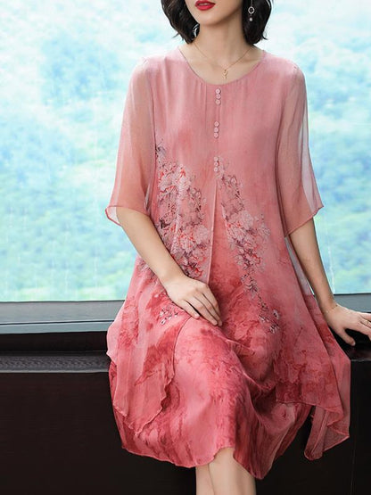 Silk Printed Round-neck Short Dress
