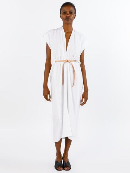 White Lace-up V-neck Simple Linen Dress