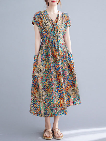 Original Artistic Retro Loose Floral Printed Vacation Midi Dress