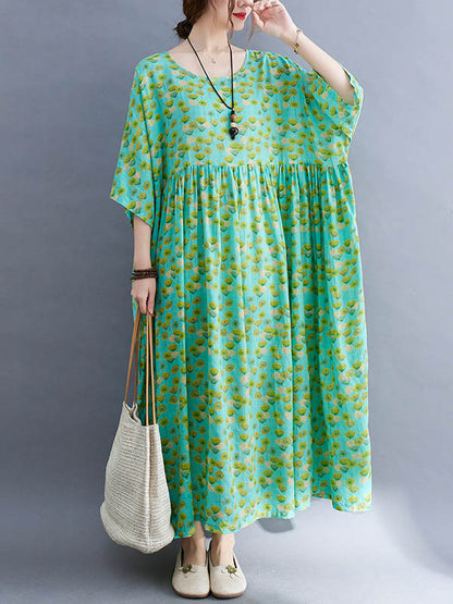 Summer Plant Printing Batwing Sleeves Split-Joint Round-Neck Long Dress