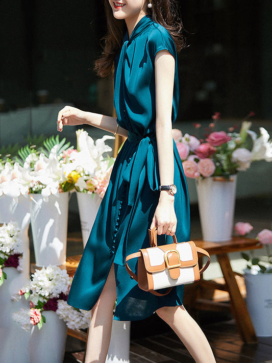 Elegance Blue Tied Cap Sleeve Long Dress