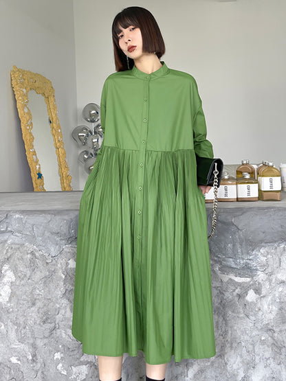 Simple Solid Color Pleated Stand Collar Midi Dress