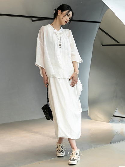 Casual Ramie Cotton Asymmetric Solid Color Irregular Tiered Loose Skirts