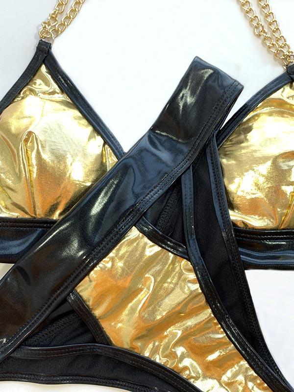 Wet Look Split-Joint Split Bikini Swimsuit