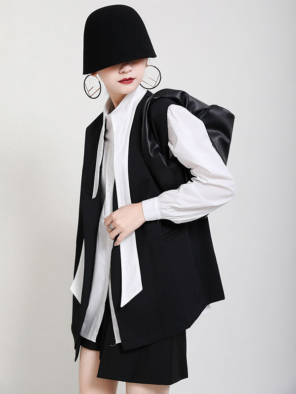 Stylish Urban Contrast Color Buttoned Lapel Collar Long Sleeves Blouse+Sleeveless Vest Outwear